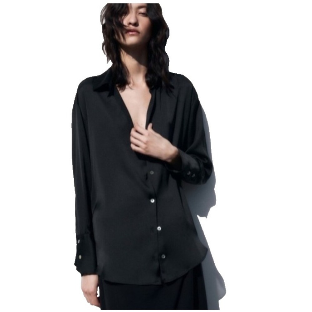 Zara Top Womens XL Satin Black Long Sleeve Office Work Minimalist Capsule